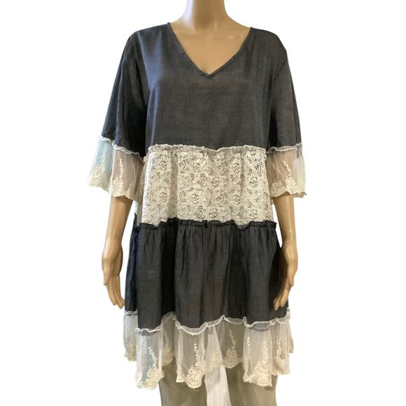 Velzera Dresses & Skirts - Velzera Charcoal Grey & White Tiered Lace Trim V-Neck Mini Dress size 1XL